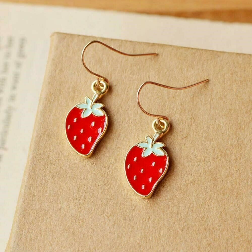 Hand Crafted Enameled Ripe Strawberry Charm Dangle Gold Plated Earrings - Picture 1 of 1